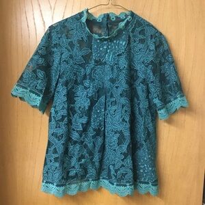 HD in Paris Anthropologie Lace High Neck Blouse Top Womens 10 Teal Green $118